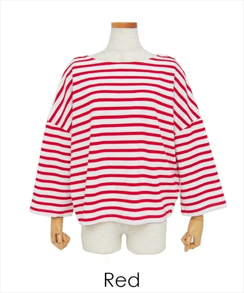 select MOCA（セレクトモカ）の「上質なカリフォルニアコットン素材◆2wayボーダービックシルエットドルマンスリーブ七分袖カットソー（Tシャツ/カットソー・レディース・ブラック/レッド/ブルー・FREE）」の14枚目の写真