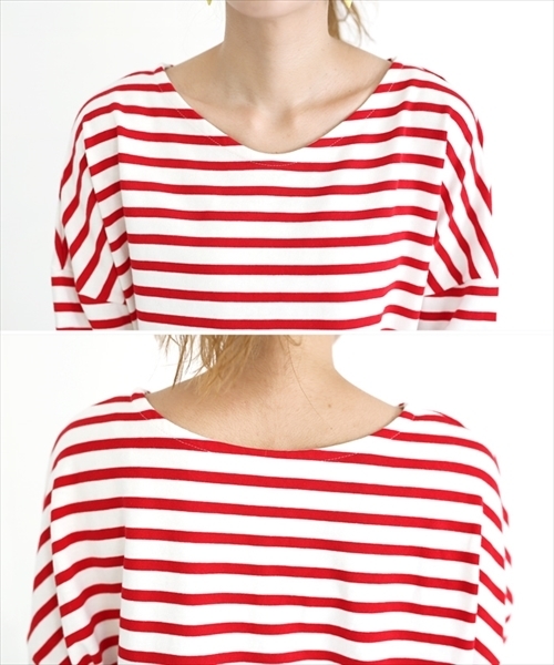 select MOCA（セレクトモカ）の「上質なカリフォルニアコットン素材◆2wayボーダービックシルエットドルマンスリーブ七分袖カットソー（Tシャツ/カットソー・レディース・ブラック/レッド/ブルー・FREE）」の6枚目の写真