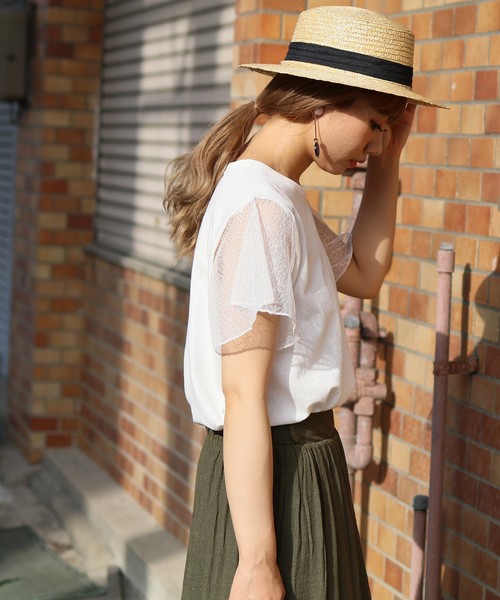 reca（レカ）の「花柄シースルーレース 袖フリル カットソー（Tシャツ/カットソー・レディース・ブラック/グレー/オフホワイト/ベージュ・FREE）」の3枚目の写真