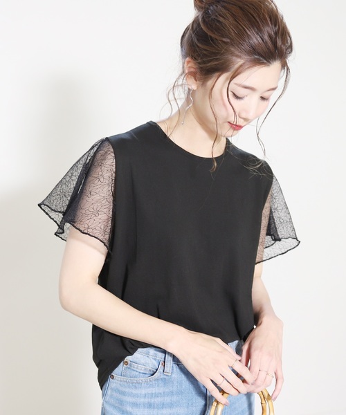 reca（レカ）の「花柄シースルーレース 袖フリル カットソー（Tシャツ/カットソー・レディース・ブラック/グレー/オフホワイト/ベージュ・FREE）」の4枚目の写真