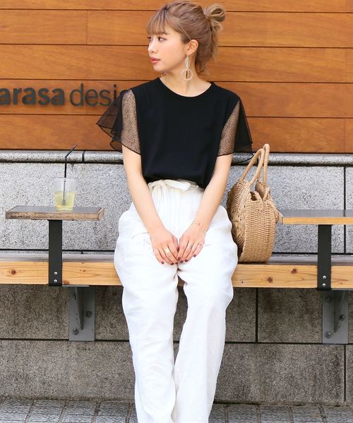 reca（レカ）の「花柄シースルーレース 袖フリル カットソー（Tシャツ/カットソー・レディース・ブラック/グレー/オフホワイト/ベージュ・FREE）」の10枚目の写真