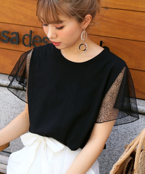 reca（レカ）の「花柄シースルーレース 袖フリル カットソー（Tシャツ/カットソー・レディース・ブラック/グレー/オフホワイト/ベージュ・FREE）」の12枚目の写真