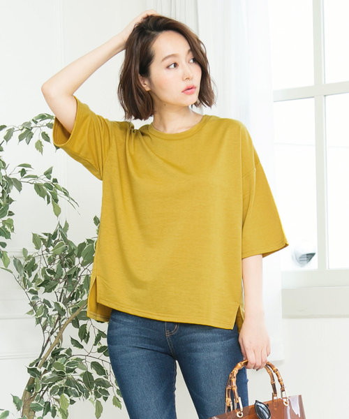 KOBE LETTUCE（コウベレタス）の「ゆったり5分袖ボックススウェットトップス＊Tシャツ/レディース[C3390]神戸レタス（Tシャツ/カットソー・レディース・ブラック/ネイビー/グレー/アイボリー/モスグリーン/マスタード/パープル系その他・FREE）」の7枚目の写真