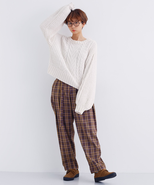 MERLOT（メルロー）の「チェック柄ハイウエストワイドテーパードパンツ1744（その他パンツ・レディース・ネイビー/ブラウン・FREE）」の4枚目の写真