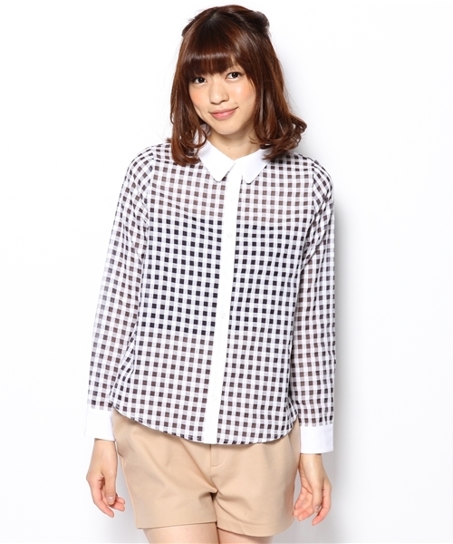 one after another NICE CLAUP（ワンアフターアナザーナイスクラップ）の「【ナイスクラップ】ギンガムすけブラウス（シャツ/ブラウス・レディース・オフホワイト/ブラック・FREE）」の3枚目の写真