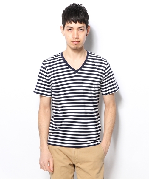 UNION STATION(ユニオンステーション)の「スーピマコットンVネックボーダー(Tシャツ/カットソー・メンズ・グリーン/ブルー/ネイビー・MEDIUM/LARGE/LL)」の2枚目の写真