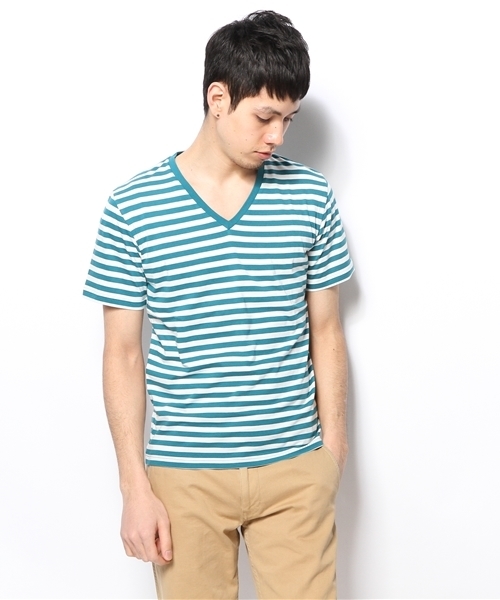 UNION STATION(ユニオンステーション)の「スーピマコットンVネックボーダー(Tシャツ/カットソー・メンズ・グリーン/ブルー/ネイビー・MEDIUM/LARGE/LL)」の1枚目の写真