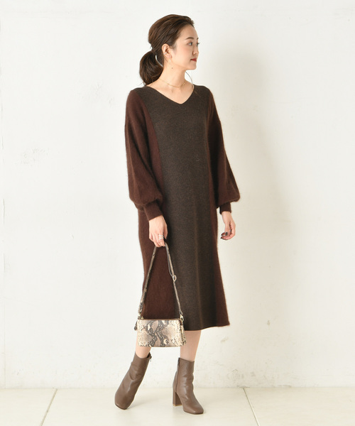 DouDou(ドゥドゥ)の「アンゴラ切替ワンピース(ワンピース・レディース・ブラウン/オフホワイト/ピンク・FREE)」の9枚目の写真