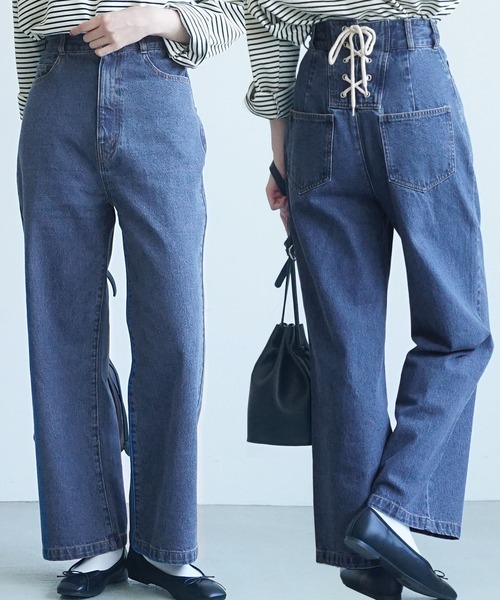 coca(coca)(コカ)の「後ろレースアップワイドパンツ(デニムパンツ)」|ブルー