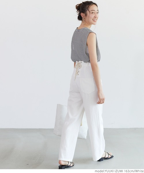 coca(coca)(コカ)の「後ろレースアップワイドパンツ(デニムパンツ・レディース・ホワイト/ライトブルー/ブルー/カーキ・ONE SIZE)」の11枚目の写真