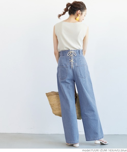 coca(coca)(コカ)の「後ろレースアップワイドパンツ(デニムパンツ・レディース・ホワイト/ライトブルー/ブルー/カーキ・ONE SIZE)」の6枚目の写真