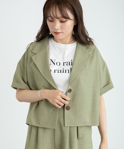 earth music&ecology（アースミュージックアンドエコロジー）の「開襟ショートシャツジャケット　＊（シャツ/ブラウス・レディース・グリーン/ラベンダー/ライトベージュ・FREE）」の3枚目の写真