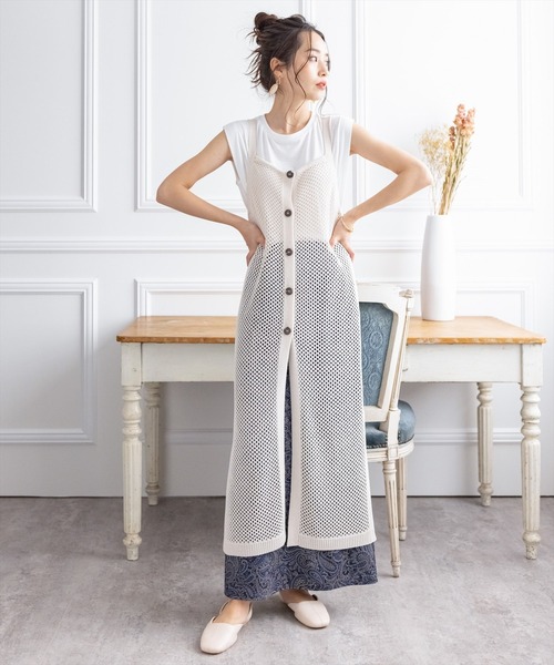 clear(クリア)の「メッシュニットロングジレ(ワンピース・レディース・ブラック/アイボリー/ブルーグレー・F)」の2枚目の写真