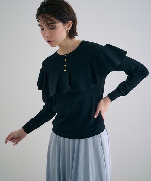 【新品】ANAY アナイ　レーヨンフリルニット　ブルー　38 ANAYI ニット セーター レーヨンナイロン袖ギャザー プル