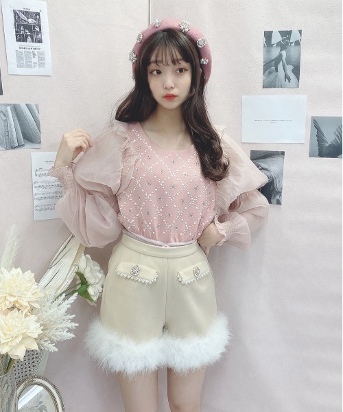 Swankiss(スワンキス)の「SX bijous puff TOPS(シャツ/ブラウス・レディース・ブラック/ピンク・FREE)」の5枚目の写真