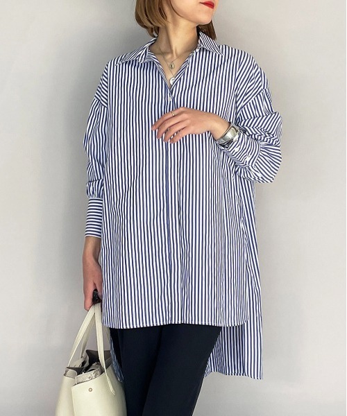 LUGIVA(ルギヴァ)の「コットンツイルロングシャツ(シャツ/ブラウス・レディース・オフホワイト/ブルー系その他・M)」の2枚目の写真