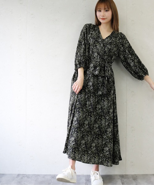 花柄 リボンベルト カシュクール 七分袖 ワンピース S-2XL セール】カシュクールボタンデザインワンピ 小花柄共リボン付