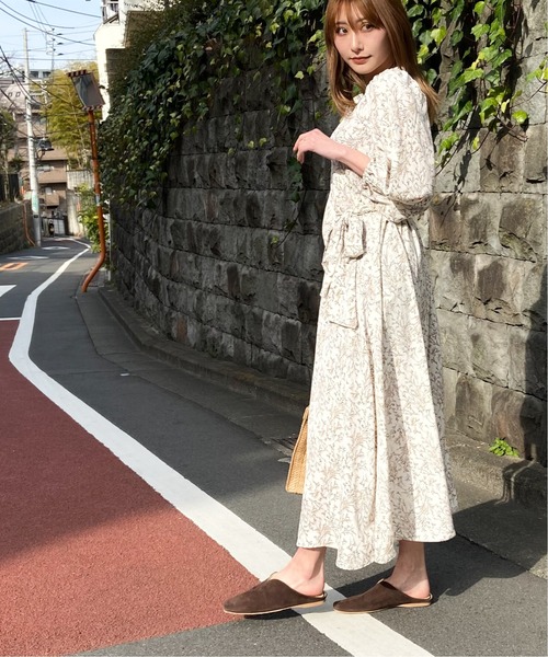 七分袖 ワンピース カシュクール ベルト 花柄 リボン S-2XL リバティ カペル仕立て テーラードカラー 七分袖 カシュクール