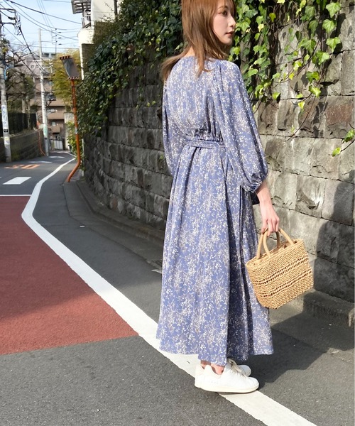 花柄 カシュクール ワンピース 七分袖 ベルト リボン S-2XL ラップワンピース カシュクール 花柄 リボンベルト 七分袖 S-2XL