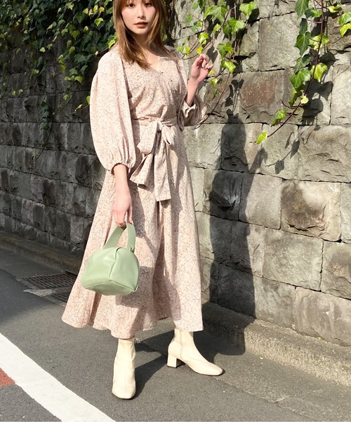 花柄 リボンベルト カシュクール 七分袖 ワンピース S-2XL セール】カシュクールボタンデザインワンピ 小花柄共リボン付