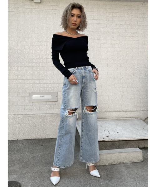 EGOIST（エゴイスト）の「ビッグカラーオフショルニットトップスII（ニット/セーター・レディース・ホワイト/ブラック/グリーン・FREE）」の8枚目の写真