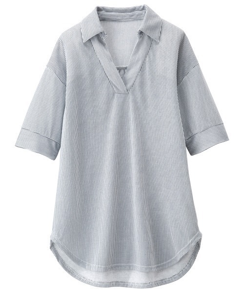 RANAN(ラナン)の「ひんやり!スキッパー衿シャツ風カットソー(Tシャツ/カットソー・レディース・ベージュ/ホワイト系その他/オフホワイト/ネイビー・L/M/LL)」の3枚目の写真