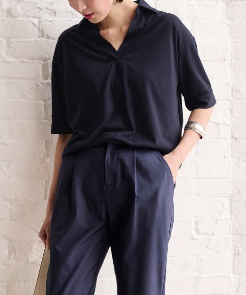 RANAN(ラナン)の「ひんやり!スキッパー衿シャツ風カットソー(Tシャツ/カットソー・レディース・ベージュ/ホワイト系その他/オフホワイト/ネイビー・L/M/LL)」の4枚目の写真