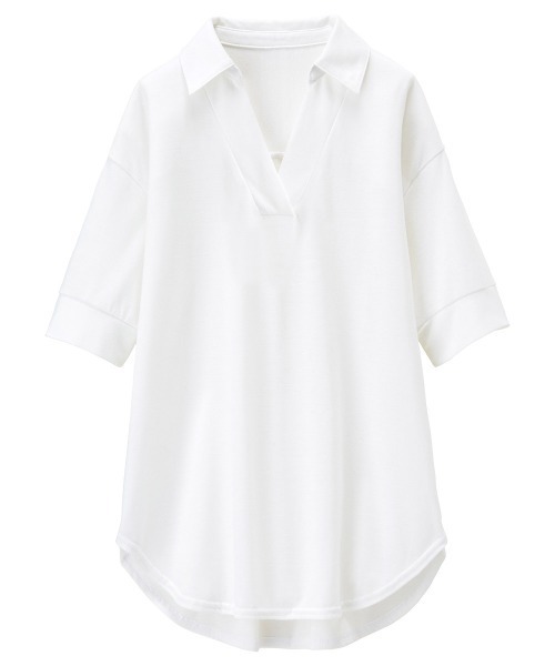 RANAN(ラナン)の「ひんやり!スキッパー衿シャツ風カットソー(Tシャツ/カットソー・レディース・ベージュ/ホワイト系その他/オフホワイト/ネイビー・L/M/LL)」の2枚目の写真