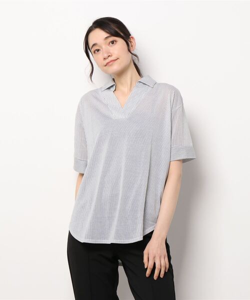 RANAN(ラナン)の「ひんやり!スキッパー衿シャツ風カットソー(Tシャツ/カットソー・レディース・ベージュ/ホワイト系その他/オフホワイト/ネイビー・L/M/LL)」の12枚目の写真
