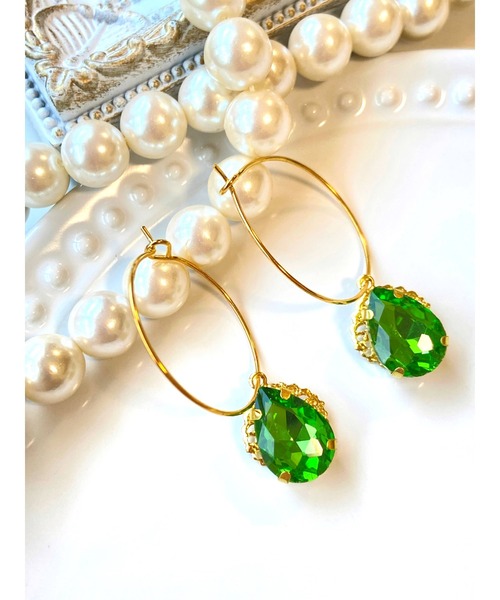 tone（トーン）の「【MUURABBTI】雫ビジューのフープピアス(MA)（ピアス（両耳用）・レディース・ピンク/ブルー/エメラルド/バイオレット/パープル系その他/コバルトブルー/グリーン/その他/ブルー系/ライトグリーン/オレンジ系1・FREE）」の3枚目の写真