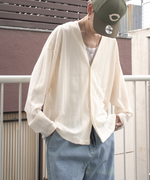 VENCEEXCHANGE(ヴァンスエクスチェンジ)の「透かし編みニットソーカーディガン(カーディガン/ボレロ・メンズ・オフホワイト/ブラック/ブラウン・M/L)」の2枚目の写真
