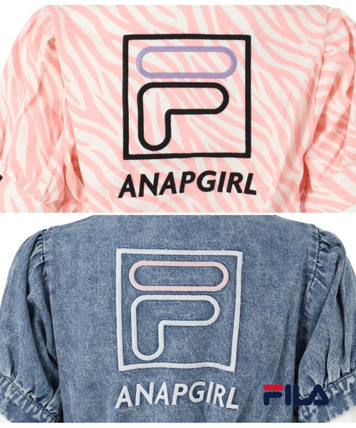 ANAP GiRL(アナップガール)の「【ANAPGiRL×FILAコラボ】パフスリライダースジャケット(ライダースジャケット・キッズ・ライトブルー/ベビーピンク・S/M/XS)」の3枚目の写真