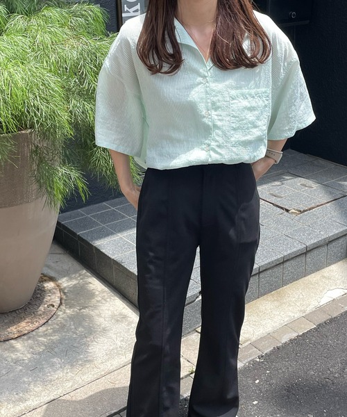 LE MORE（リモア）の「オープンカラーストライプシャツ（シャツ/ブラウス・レディース・オレンジ/ブルー/グリーン/ホワイト・FREE）」の6枚目の写真