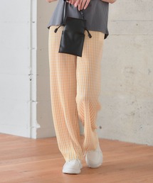 anown | ギンガムチェック パンツ プリーツパンツ セルフカット 細プリーツパンツ レディース ウエストゴム リブパンツ 低身長 イエロー(その他パンツ)