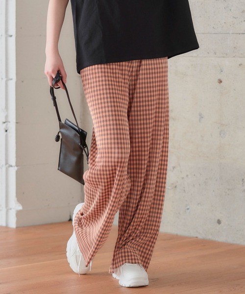 anown（アノン）の「ギンガムチェック パンツ プリーツパンツ セルフカット 細プリーツパンツ レディース ウエストゴム リブパンツ 低身長 イエロー（その他パンツ・レディース・ブラック/イエロー/オレンジ/ブルー/グリーン・FREE）」の5枚目の写真