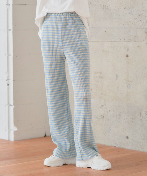anown（アノン）の「ギンガムチェック パンツ プリーツパンツ セルフカット 細プリーツパンツ レディース ウエストゴム リブパンツ 低身長 イエロー（その他パンツ・レディース・ブラック/イエロー/オレンジ/ブルー/グリーン・FREE）」の4枚目の写真