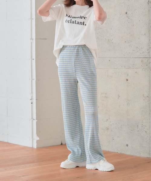 anown（アノン）の「ギンガムチェック パンツ プリーツパンツ セルフカット 細プリーツパンツ レディース ウエストゴム リブパンツ 低身長 イエロー（その他パンツ・レディース・ブラック/イエロー/オレンジ/ブルー/グリーン・FREE）」の22枚目の写真