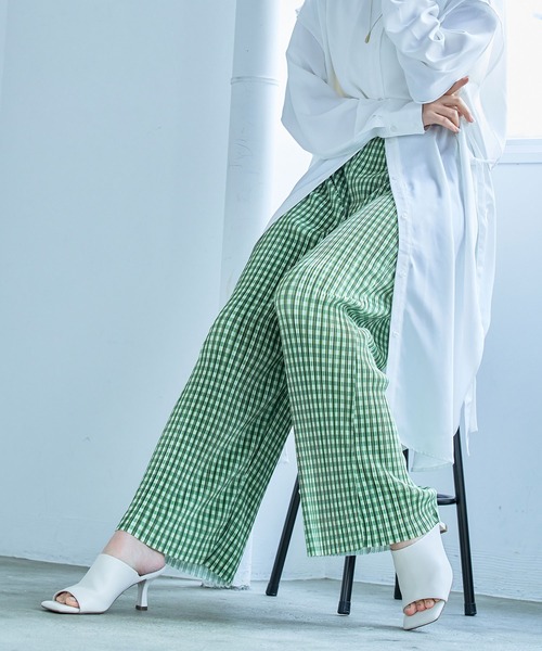 anown（アノン）の「ギンガムチェック パンツ プリーツパンツ セルフカット 細プリーツパンツ レディース ウエストゴム リブパンツ 低身長 イエロー（その他パンツ・レディース・ブラック/イエロー/オレンジ/ブルー/グリーン・FREE）」の21枚目の写真