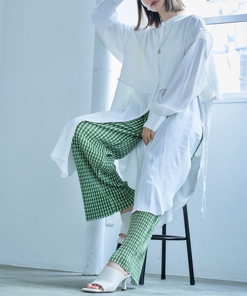 anown（アノン）の「ギンガムチェック パンツ プリーツパンツ セルフカット 細プリーツパンツ レディース ウエストゴム リブパンツ 低身長 イエロー（その他パンツ・レディース・ブラック/イエロー/オレンジ/ブルー/グリーン・FREE）」の6枚目の写真
