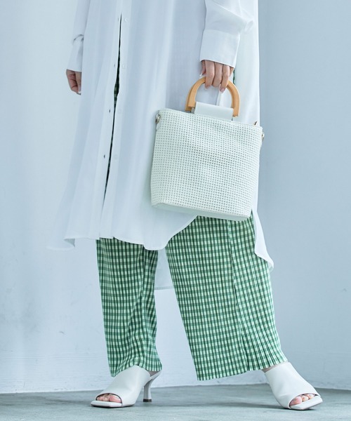 anown（アノン）の「ギンガムチェック パンツ プリーツパンツ セルフカット 細プリーツパンツ レディース ウエストゴム リブパンツ 低身長 イエロー（その他パンツ・レディース・ブラック/イエロー/オレンジ/ブルー/グリーン・FREE）」の8枚目の写真
