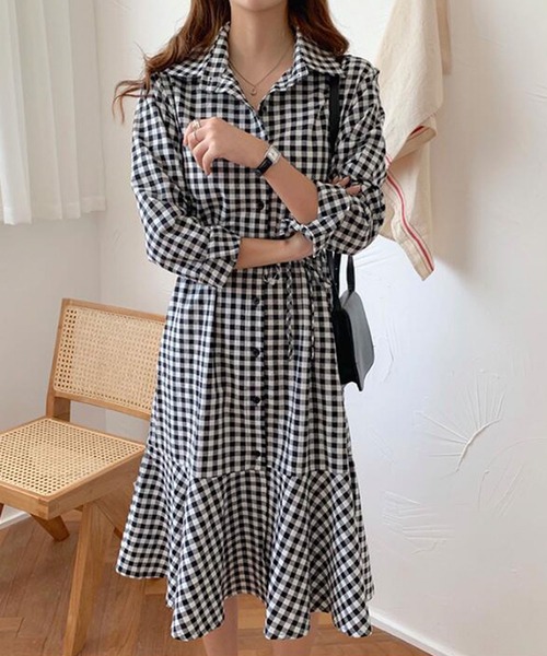 Girly Doll（ガーリードール）の「ギンガムシャツワンピース（シャツワンピース・レディース・ブラック/キャメル・F）」の5枚目の写真