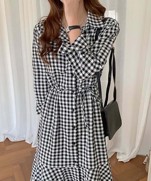 Girly Doll（ガーリードール）の「ギンガムシャツワンピース（シャツワンピース・レディース・ブラック/キャメル・F）」の6枚目の写真