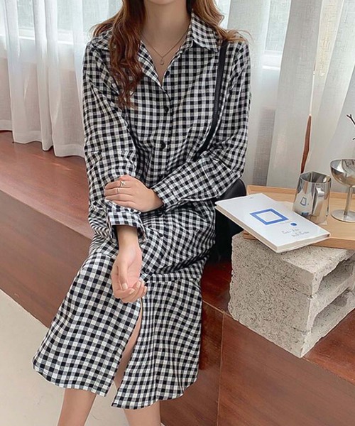 Girly Doll（ガーリードール）の「ギンガムシャツワンピース（シャツワンピース・レディース・ブラック/キャメル・F）」の7枚目の写真