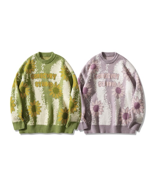 花様リクエスト 絵画 風景柄 ニット 総柄 半袖 コットンニット M HOOK】古着風絵画調総柄ニット（ニット/セーター）｜HOOK（フック）の