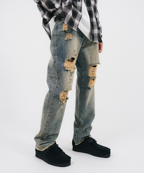 Ressaca(レサーカ)の「ハードダメージクラッシュ加工 ルーズストレートデニムパンツ ヴィンテージライク(デニムパンツ・メンズ・ブルー・S/M/L/XL)」の21枚目の写真