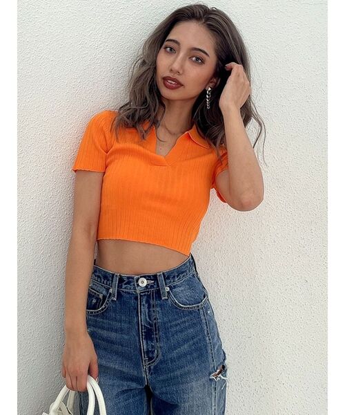 GYDA(ジェイダ)の「BACK OPEN POLOニットTOPS(ニット/セーター・レディース・ブラック/オフホワイト/オレンジ/グリーン・FREE)」の9枚目の写真