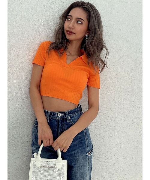 GYDA(ジェイダ)の「BACK OPEN POLOニットTOPS(ニット/セーター・レディース・ブラック/オフホワイト/オレンジ/グリーン・FREE)」の12枚目の写真