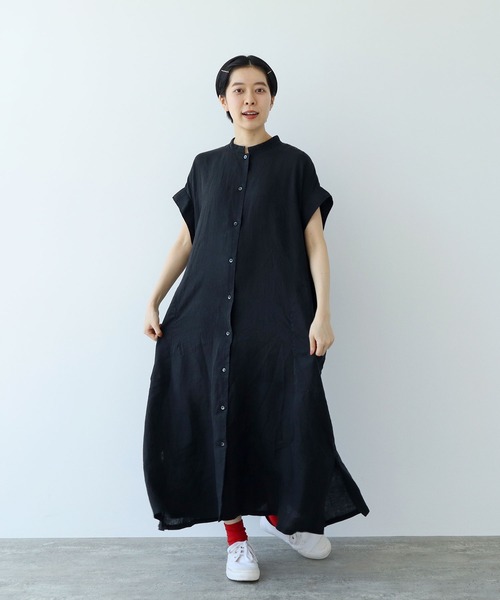 PAR ICI（パーリッシィ）の「60リネン製品染め ワークフレアワンピース（シャツワンピース・レディース・ホワイト/グリーン/ブラック/サックスブルー・FREE）」の2枚目の写真