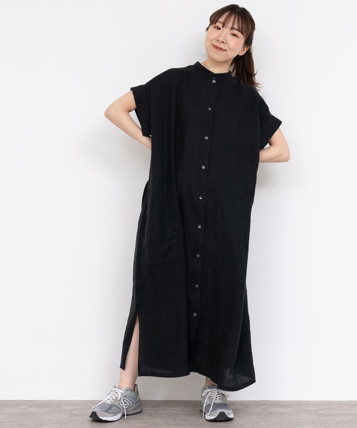 PAR ICI（パーリッシィ）の「60リネン製品染め ワークフレアワンピース（シャツワンピース・レディース・ホワイト/グリーン/ブラック/サックスブルー・FREE）」の14枚目の写真