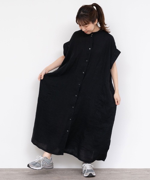 PAR ICI（パーリッシィ）の「60リネン製品染め ワークフレアワンピース（シャツワンピース・レディース・ホワイト/グリーン/ブラック/サックスブルー・FREE）」の15枚目の写真